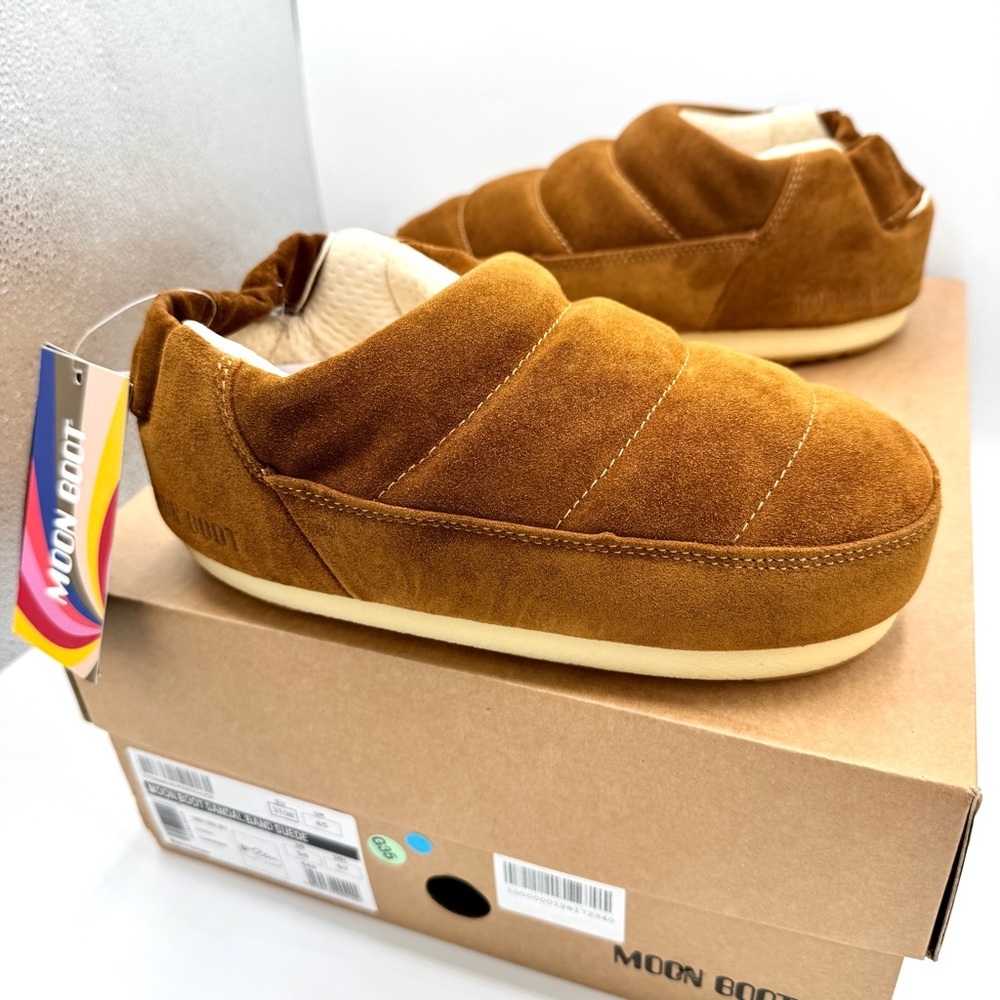 NWT Moonboot Suede Leather Slide Slippers Brown Cognac Unisex Shoes Brand New - Picture 3 of 16
